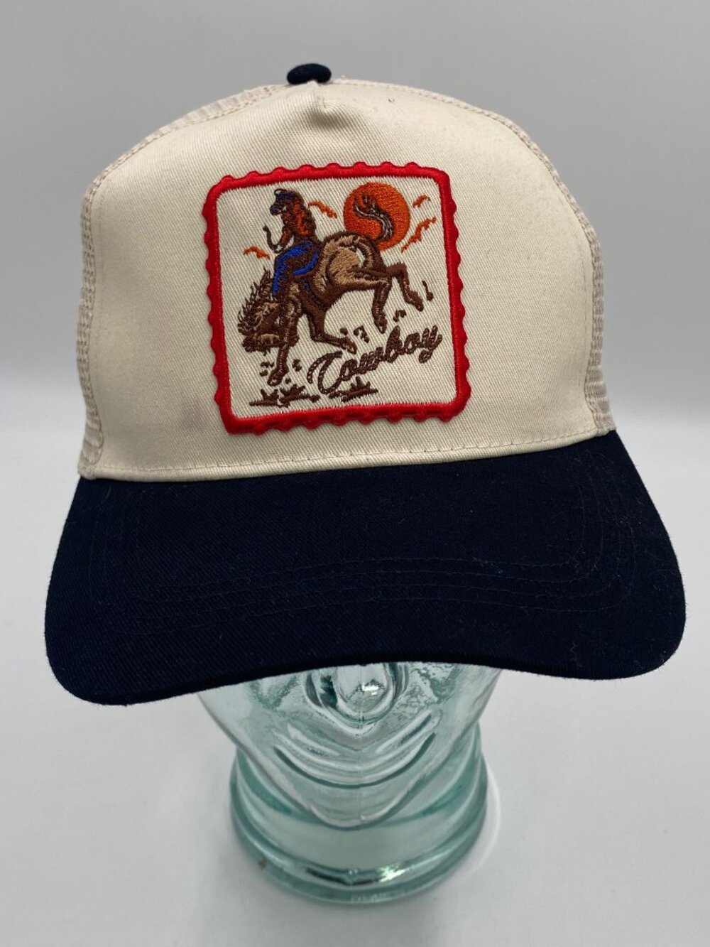 David and Young Cowboy Trucker Hat Snapback Cap OSFM Horse Embroidered Beige Blk